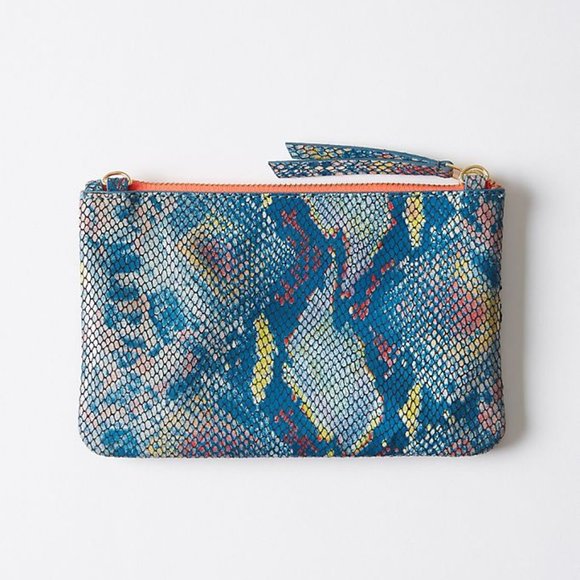 Sale! Anthropologie Sequined Snake-Printed Clutch, Blue, yellow, peach combo - Picture 4 of 8